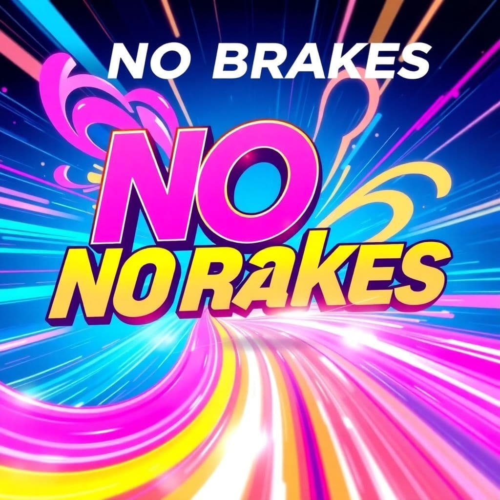 Pop AI Album Cover — A colorful pop album cover featuring the title "No Brakes" in bold, dynamic typography, surrounded by abstract shapes and energetic swirls; vibrant colors of blue, pink, and yellow, a sense of motion and excitement, ethereal lighting effects, highly detailed, modern design, 8k resolution, capturing the essence of freedom and speed