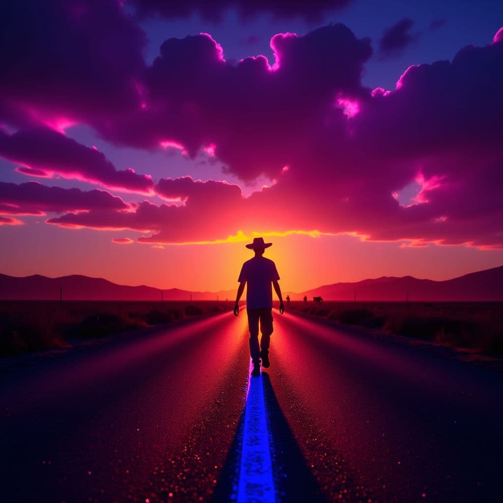 Pop AI Album Cover — A beautiful black light illustration of a lone figure walking on an empty road at sunrise, vibrant colors illuminating the scene; warm natural light blending with neon accents, ethereal atmosphere, minimalist composition, symbolizing journey and hope; highly detailed and photorealistic, 8k resolution, capturing emotional depth and serenity
