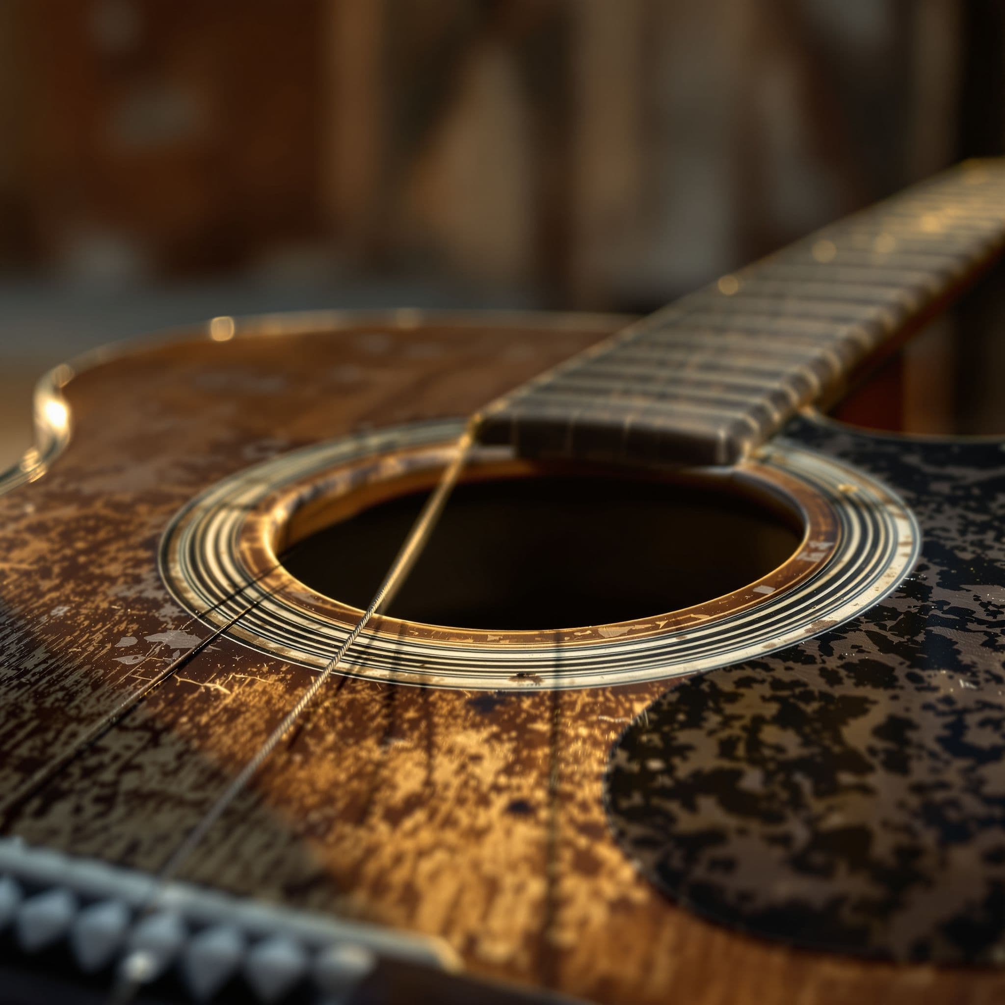 Country AI Album Cover — A close-up of a weathered acoustic guitar missing one string, dramatic lighting highlighting the wood grain, set against a blurred rustic barn backdrop; earthy tones with golden sunlight, highly detailed, photorealistic texture, capturing country music's nostalgic essence