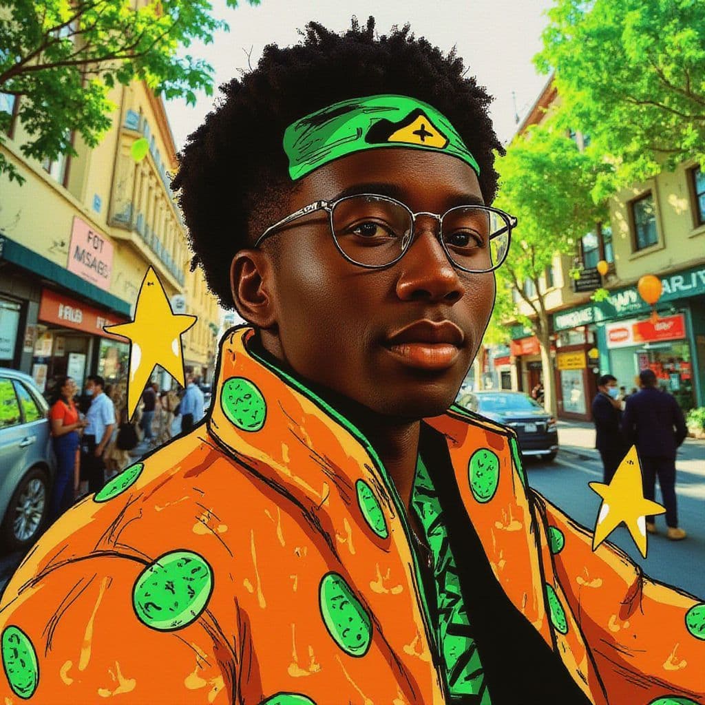 Afrobeat AI Album Cover — A dynamic album cover for 'Fakosi', featuring a half-illustrated portrait of a vibrant Afrobeat artist with traditional patterns, rich warm colors of orange and green, soft lighting creating a lively atmosphere; hand-drawn elements blending with a photorealistic background of a bustling city; unique blend of artistic styles, 8K resolution, highly detailed