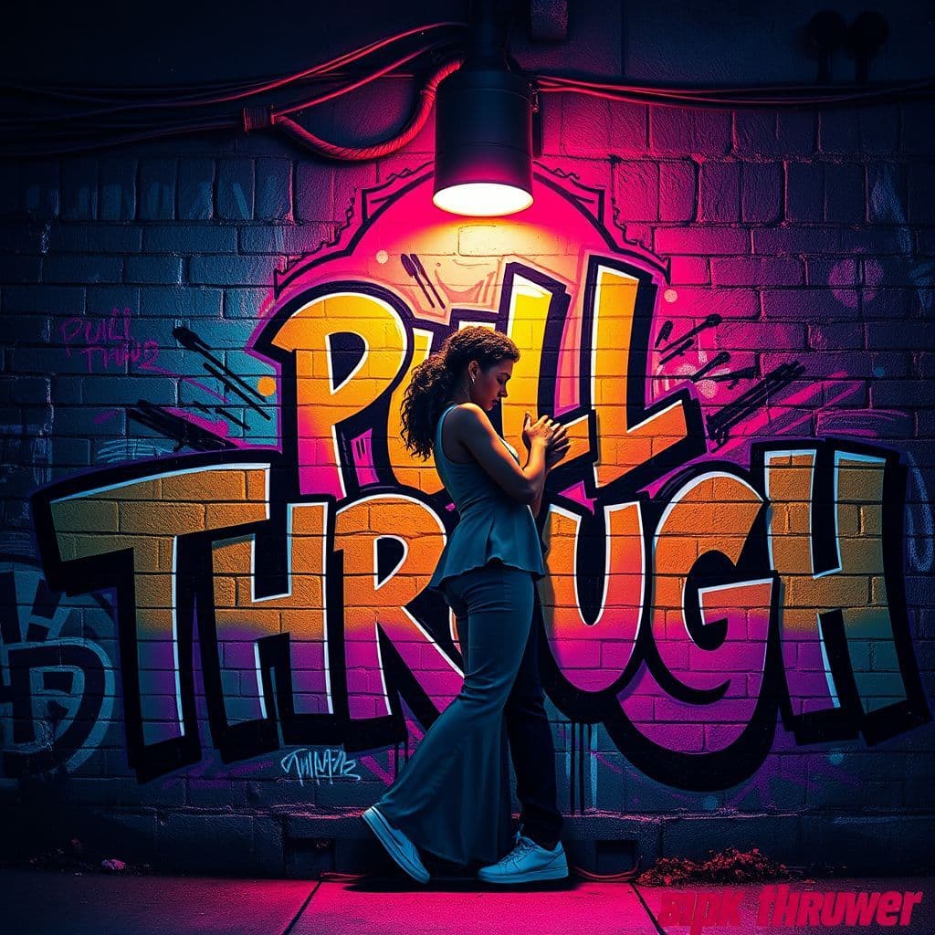 Rap AI Album Cover — A vibrant rap album cover with the title "Pull Through" integrated into a graffiti-style urban mural; showcasing a couple embracing under a neon streetlight, moody lighting with colorful shadows, photorealistic details, urban atmosphere, 8k resolution, dynamic energy and emotion expressed through bold colors.
