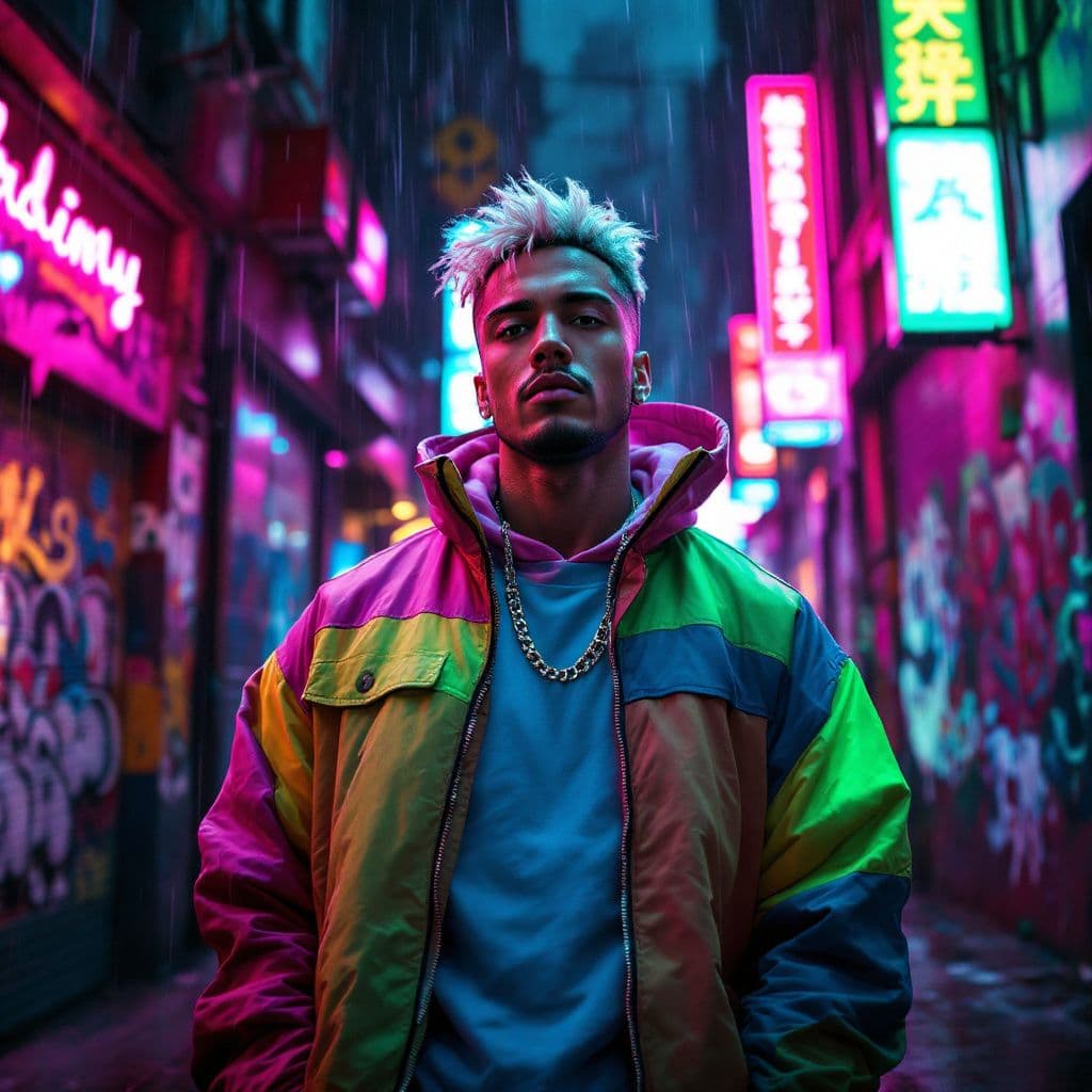 Trap AI Album Cover — An edgy urban trap album cover, featuring a dynamic street scene with graffiti and neon lights; close-up of a confident figure wearing streetwear, vibrant colors of pink, blue, and green; cinematic lighting with dramatic shadows, highly detailed and photorealistic, 8k resolution, capturing the spirit of motivation and celebration