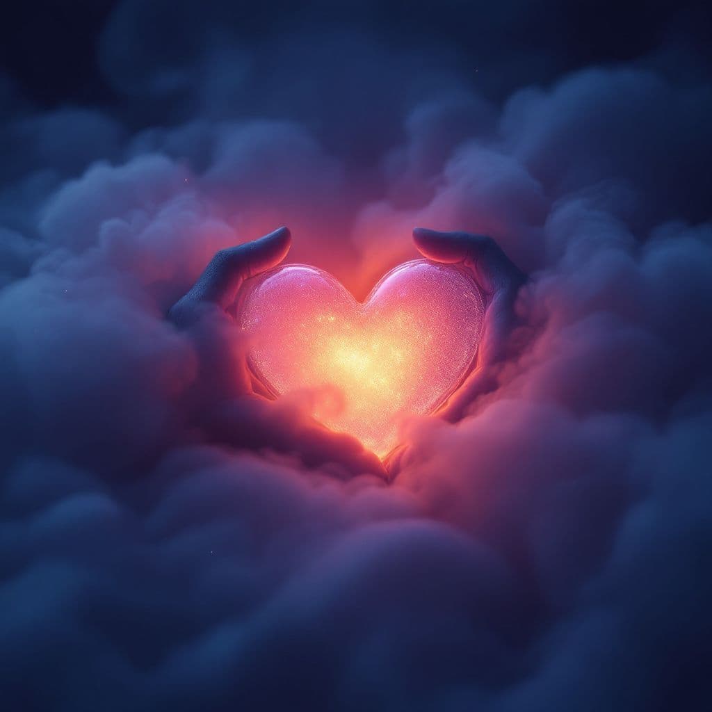 R&B AI Album Cover — A dreamy R&B album cover featuring a heart-shaped pocket glowing softly, surrounded by ethereal mist; atmospheric lighting with a cool color palette of blues and purples, detailed textures, and a moody ambiance; cinematic and surreal style, 8k resolution, high quality and strikingly beautiful