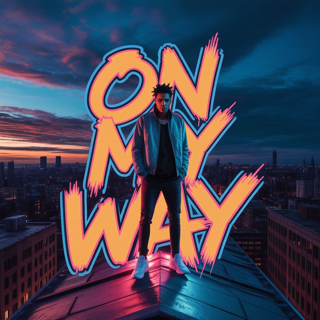Trap AI Album Cover — A powerful trap album cover with a confident figure standing on a city rooftop, blending vibrant neon colors; graffiti-style title 'On My Way' integrated dynamically with a bold, street-art typography; cinematic lighting against a dusk sky, high detail, reflective surfaces, energetic and urban atmosphere, 8k resolution.