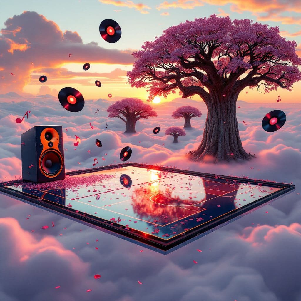 Hip-Hop AI Album Cover — A dreamy, surreal album cover of a magical floating basketball court above the clouds, surrounded by giant speakers, floating vinyl records, cherry blossom petals, and African baobab trees; sunset reflection on a polished court, glowing musical notes trail from each shot, vibrant colors, 8k resolution, highly detailed and ethereal atmosphere.