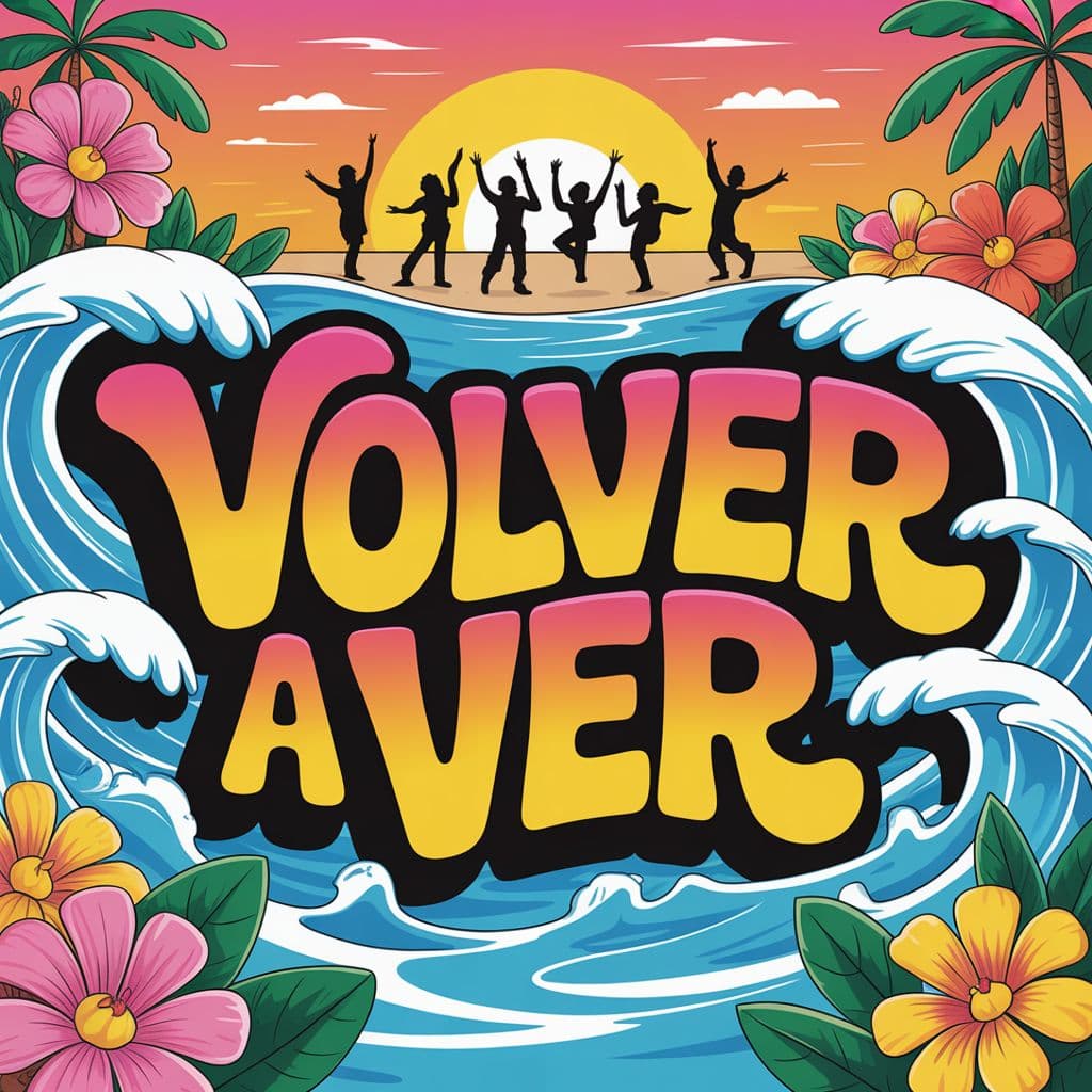 Reggaeton AI Album Cover — A bright and uplifting reggaeton album cover titled 'Volver a Ver', featuring a colorful beach sunset with dancing silhouettes, vibrant tropical flowers, and playful waves; the title integrated with bold, flowing typography that mimics ocean waves, in sunny yellows and oranges, high quality and photorealistic, 8k resolution, fun and cool atmosphere.
