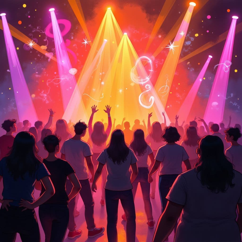 Techno AI Album Cover — A hot girl radiating confidence at a techno party, with swirling patterns of light around her; typography creatively merged with her silhouette in a bold, dynamic font, glowing in neon green and purple; psychedelic feel, high detail, atmospheric lighting, showcasing an electric club environment.