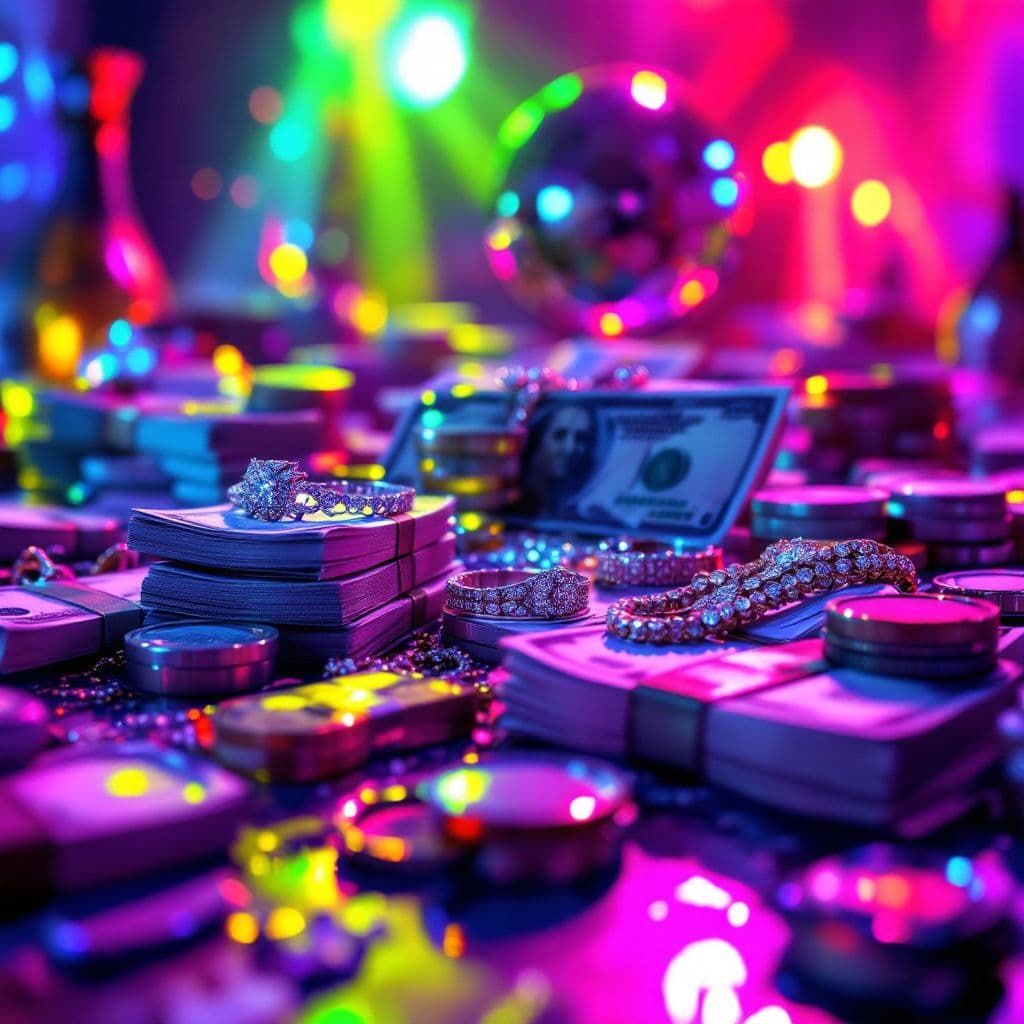 Rap AI Album Cover — A vibrant and energetic rap album cover featuring stacks of money and glitzy jewelry surrounded by colorful disco lights; psychedelic style with bright neon colors, dynamic angles, and sharp focus; lively atmosphere with a party vibe, 8K resolution, highly detailed, showcasing confidence and swagger.