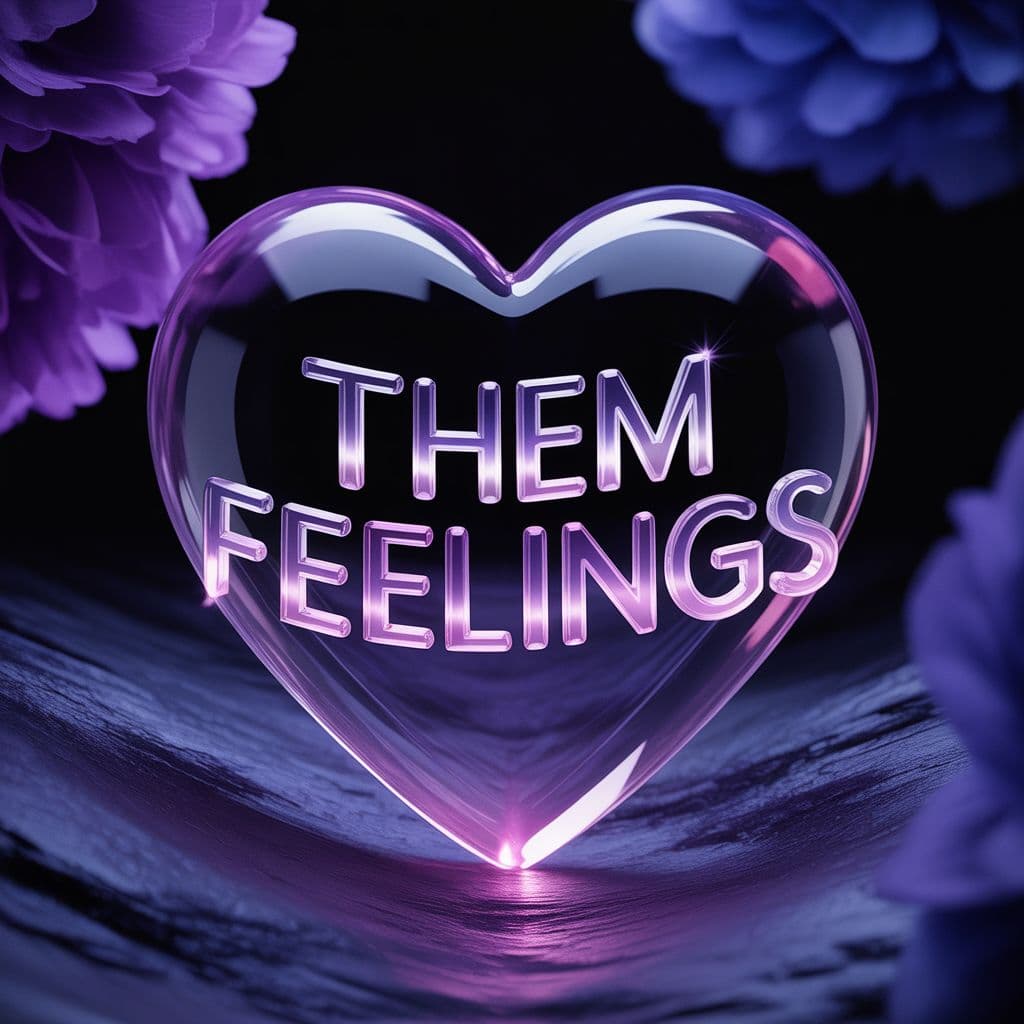 R&B AI Album Cover — A sensual close-up of a heart-shaped crystal glowing softly in a dark, moody environment, blending shades of deep purple and midnight blue; the title 'Them Feelings' elegantly integrated in flowing letters, illuminated by the crystal's glow; ethereal lighting, highly detailed, photorealistic, 8k resolution.