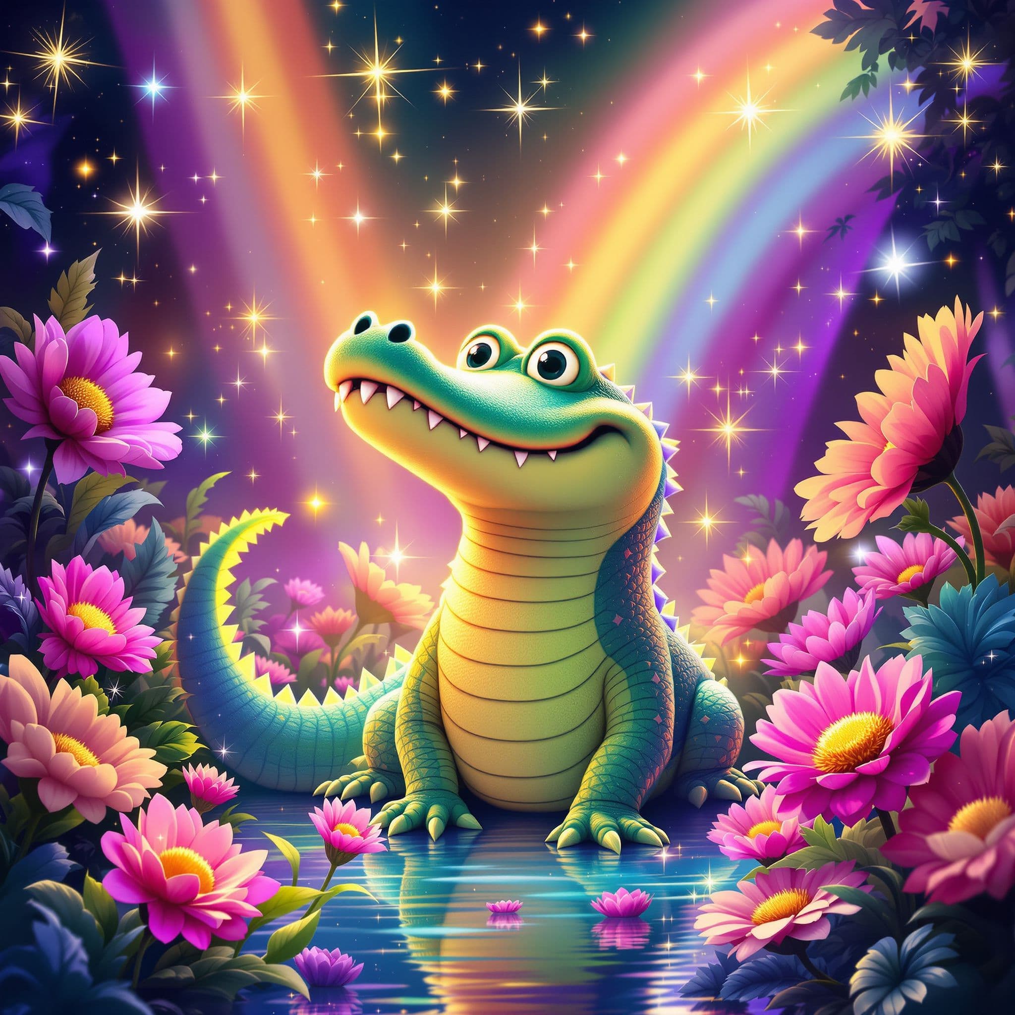 Pop AI Album Cover — A magical kids album cover featuring a whimsical alligator surrounded by colorful, oversized flowers and sparkling rainbow lights; vibrant and playful color palette of bright pinks, greens, and yellows, ethereal lighting creating a dreamy atmosphere, detailed textures and expressions, 8k resolution, surreal and enchanting vibe