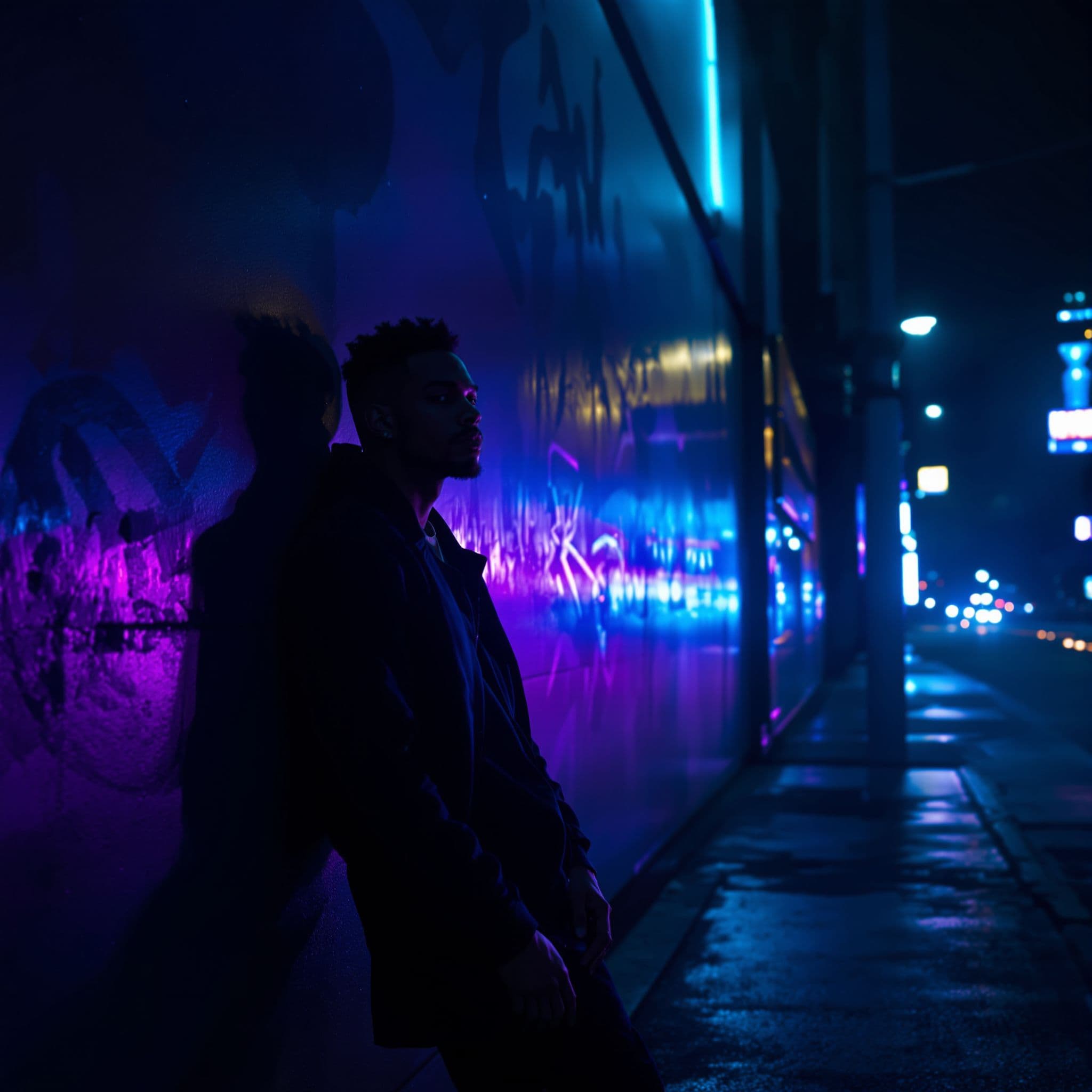 Trap AI Album Cover — A dramatic urban night scene with a confident figure leaning against a neon-lit wall, capturing the essence of a trap vibe; cool tones of blue and purple, moody shadows, cinematic lighting, highly detailed and photorealistic, reflecting a rhythmic and emotive feel, 8k quality