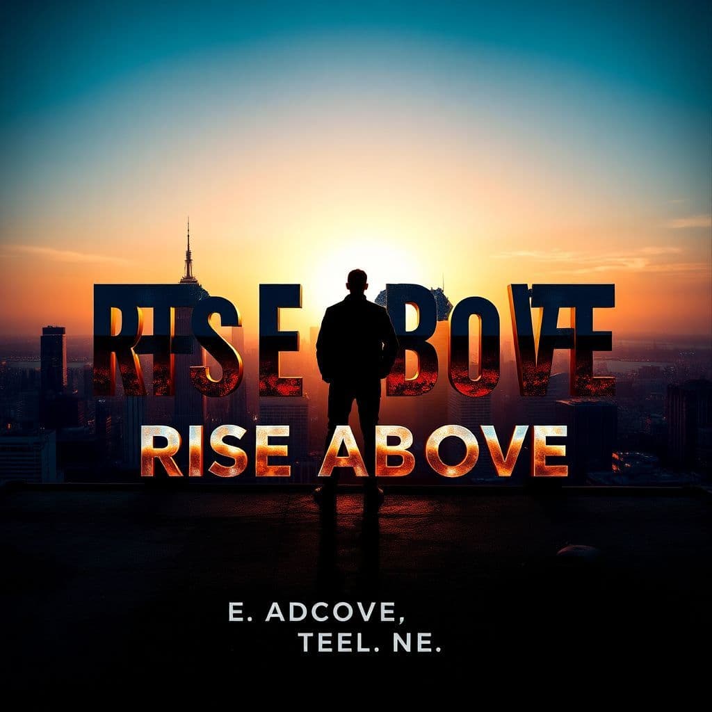 Hip-Hop AI Album Cover — A powerful album cover for 'Rise Above The Noise', featuring a lone figure on a city rooftop at dawn, silhouetted against a glowing skyline. Metallic chrome title "RISE ABOVE" integrated into the design, surrounded by fading words like 'DOUBT' and 'HATE'. Cinematic lighting, deep black, charcoal gray, electric blue hues, and gold highlights. High detail, photorealistic quality, capturing a triumphant, resilient atmosphere.