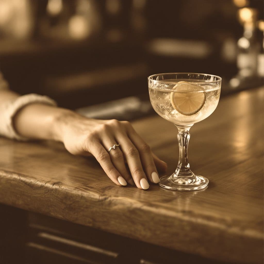 Country AI Album Cover — A close-up of a woman's hand resting on a bar counter, a cocktail glass with a slice of citrus, faded sepia tones and soft lighting evoke nostalgia, cozy and inviting feel, detailed textures of the bar wood and glass, professional quality, resonates with themes of designated love and connection