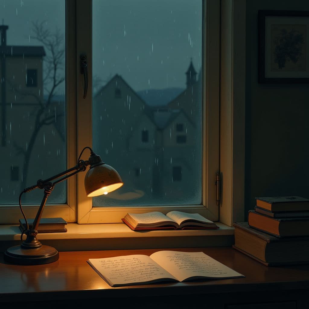 Lo-Fi AI Album Cover — A cozy bedroom at night viewed through a fogged window, soft rain falling outside, warm light from an old desk lamp illuminating scattered handwritten notes on a wooden desk; cinematic lighting, muted earthy tones, nostalgic atmosphere, intimate and melancholic feel, highly detailed and minimalist composition, 8k resolution, dreamlike quality