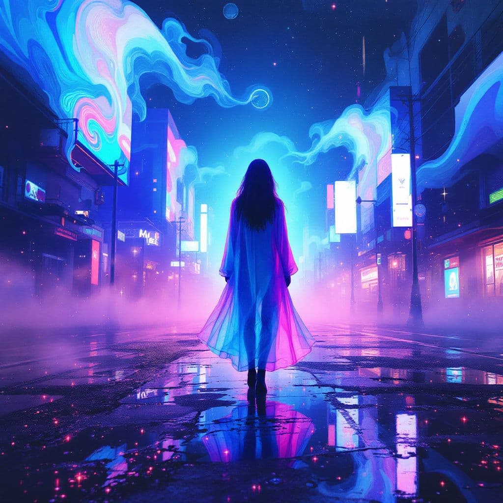 Dance AI Album Cover — A surreal, ethereal dance album cover featuring a lone figure in a vibrant cityscape, glimmering lights reflecting in puddles, dreamy atmosphere filled with neon colors of blue, pink, and purple; highly detailed, 8k resolution, capturing the introspective theme of carrying on, with swirling patterns and abstract shapes, conveying movement and emotion.