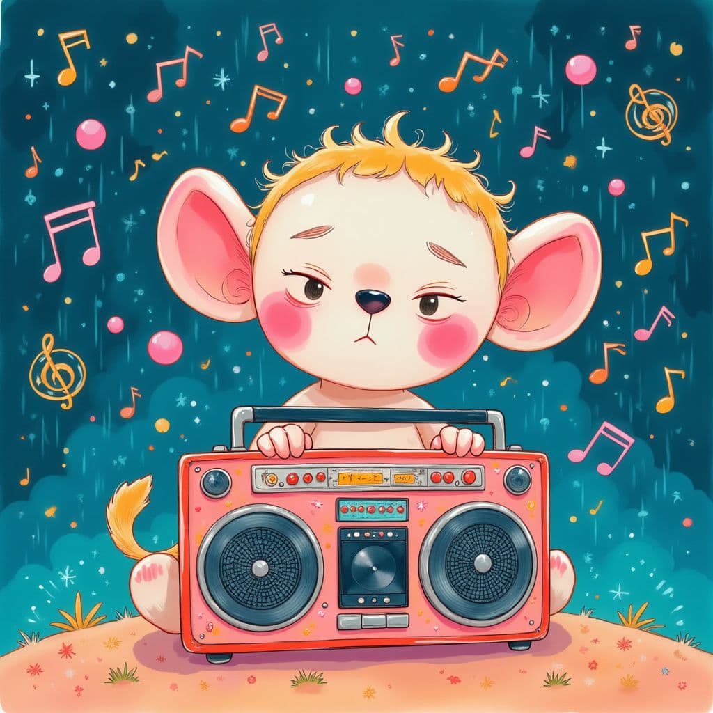 Pop AI Album Cover — A whimsical album cover featuring a playful character, Too-Old Tod, with a vintage boombox under a rain shower of colorful musical notes; psychedelic art style, vibrant color palette of blues and pinks, ethereal lighting creating a magical atmosphere, highly detailed illustration, 8k resolution capturing the essence of late 20th century pop culture.