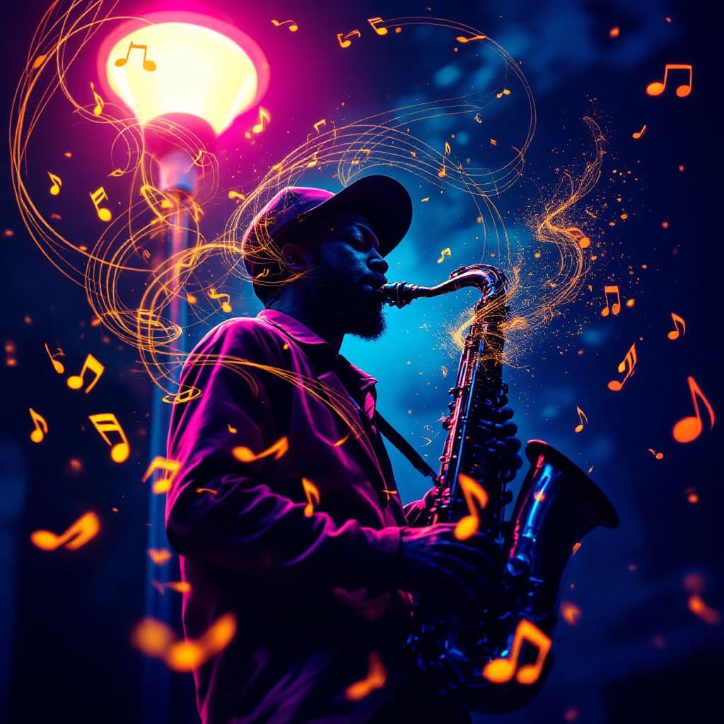 Jazz AI Album Cover — A vibrant jazz album cover featuring a saxophonist playing under a neon-lit streetlamp, surrounded by swirling musical notes; psychedelic color palette with deep blues, purples, and bursts of gold; dynamic motion blur, moody atmospheric lighting, highly detailed, 8k resolution, capturing the energetic essence of jazz music