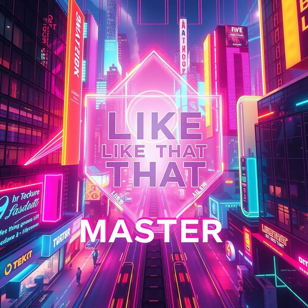 Techno AI Album Cover — A vibrant techno album cover titled "Like That", featuring abstract geometric shapes pulsing with neon light in a dynamic cityscape, vibrant colors with an energetic vibe, dreamlike atmosphere, sharp focus, highly detailed, 8k resolution.