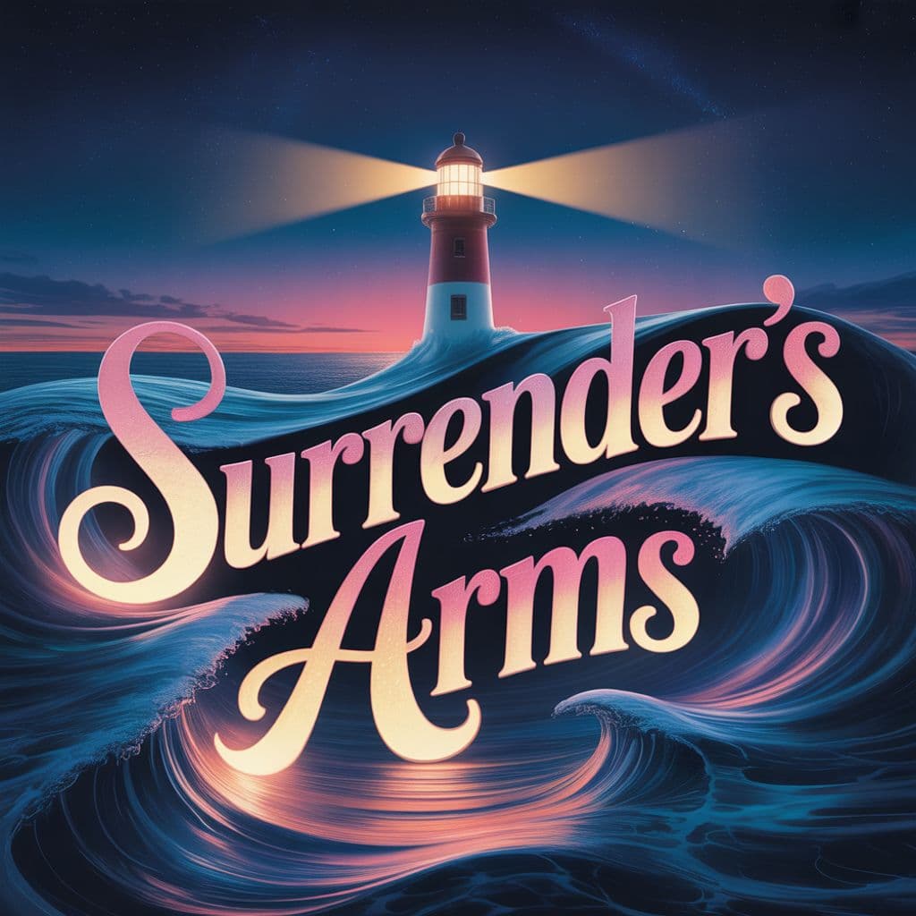 R&B AI Album Cover — A serene RnB album cover featuring a glowing lighthouse under a starry night sky, symbolizing guidance and home. The title 'Surrender's Arms' is elegantly lettered in soft, flowing script integrated into the waves, with warm colors and ethereal light; highly detailed, 8k resolution, dreamy atmosphere.
