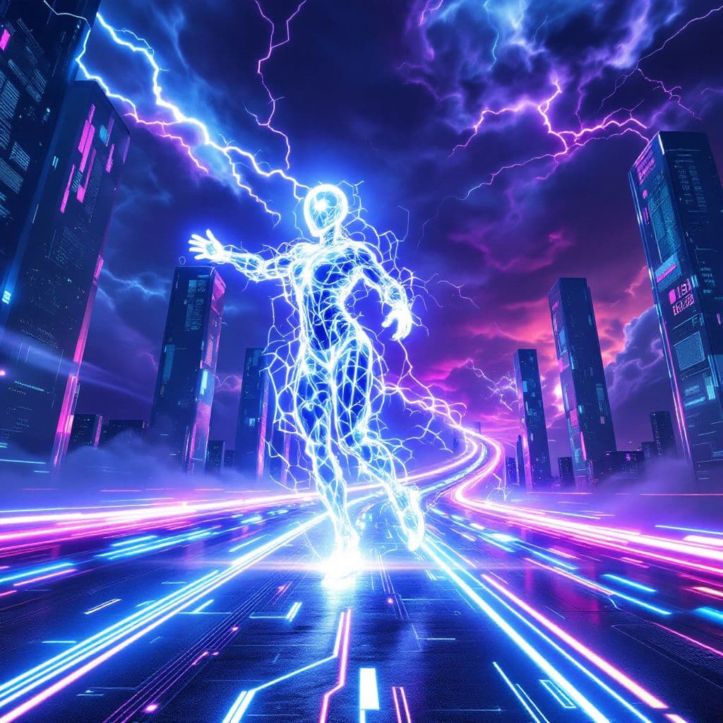 Techno AI Album Cover — A dynamic techno album cover featuring a glowing, abstract figure dancing on a cybernetic road under a stormy sky, vibrant neon colors, surreal lighting with contrasting darks and brights, highly detailed, 8k resolution, futuristic and energetic atmosphere