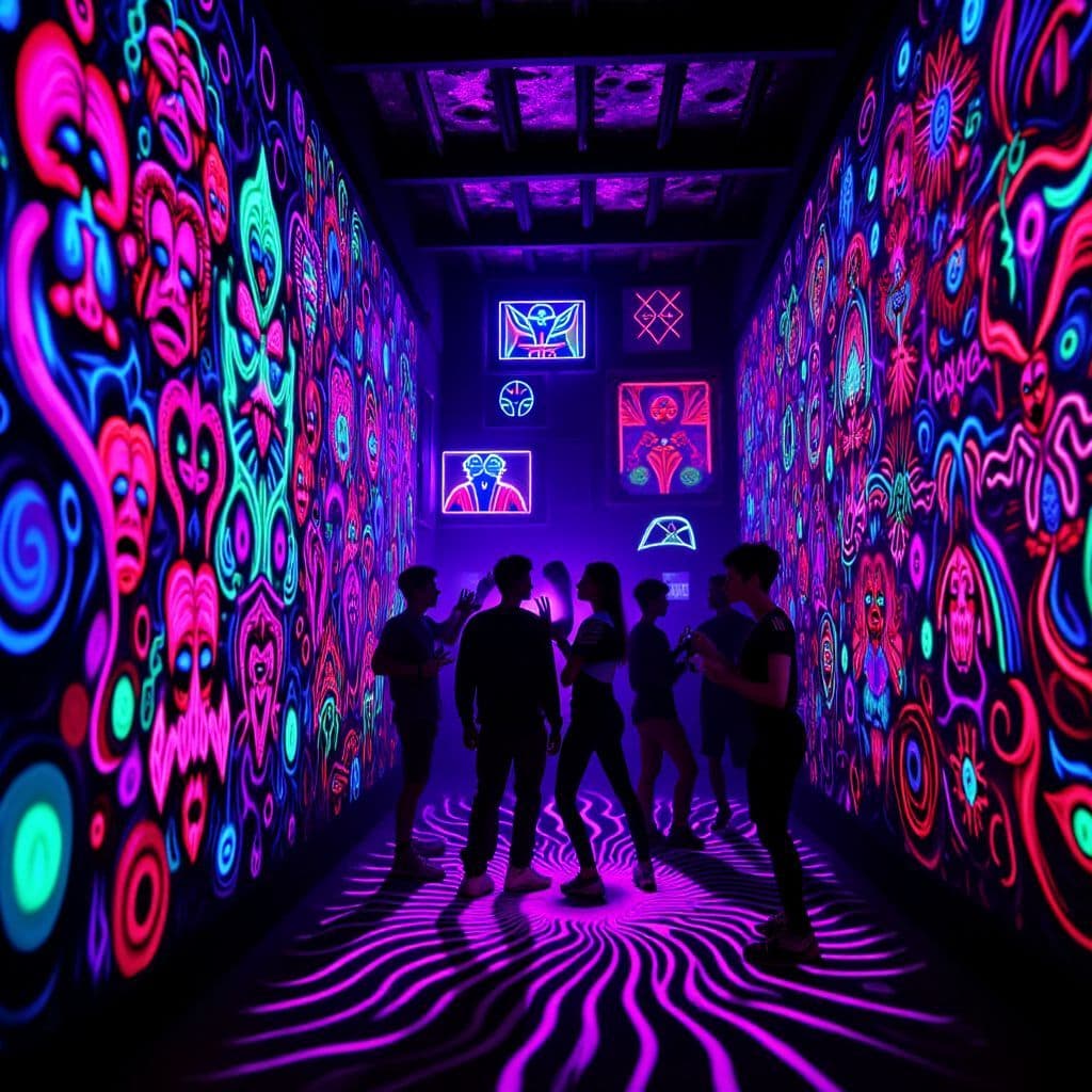Hip-Hop AI Album Cover — A vibrant black light album cover featuring a graffiti wall with neon hip-hop elements; glowing characters expressing gratitude in dynamic poses, psychedelic patterns swirling around; rich purples, blues, and pinks; high contrast lighting creating a moody atmosphere, highly detailed, 8k resolution