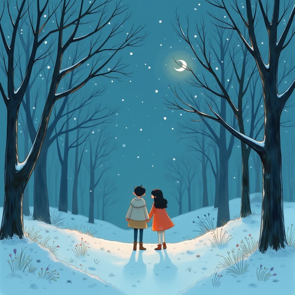 Indie AI Album Cover — A whimsical album cover featuring two figures standing in a cold December night, their hands almost touching, surrounded by a dreamy snowy landscape; ethereal lighting, soft blues and whites, delicate snowflakes falling, impressionistic style, 8k resolution, evoking emotion and longing, intimate atmosphere