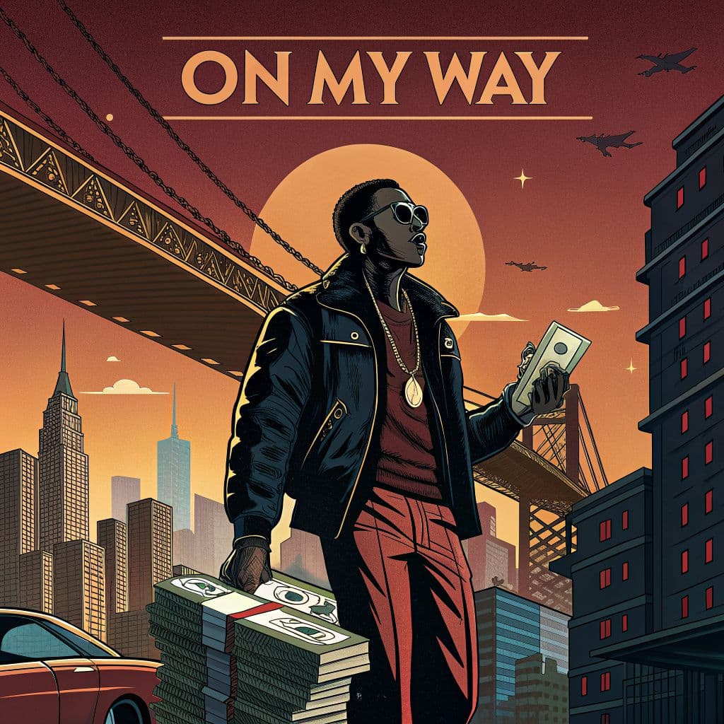 Trap AI Album Cover — A stylized illustration for a trap album cover titled 'On My Way', featuring a confident figure holding stacks of money in an urban cityscape at sunset; vibrant color palette of golds, reds, and blues, abstract shapes representing power and identity, cinematic lighting, highly detailed vector art, 8k resolution.
