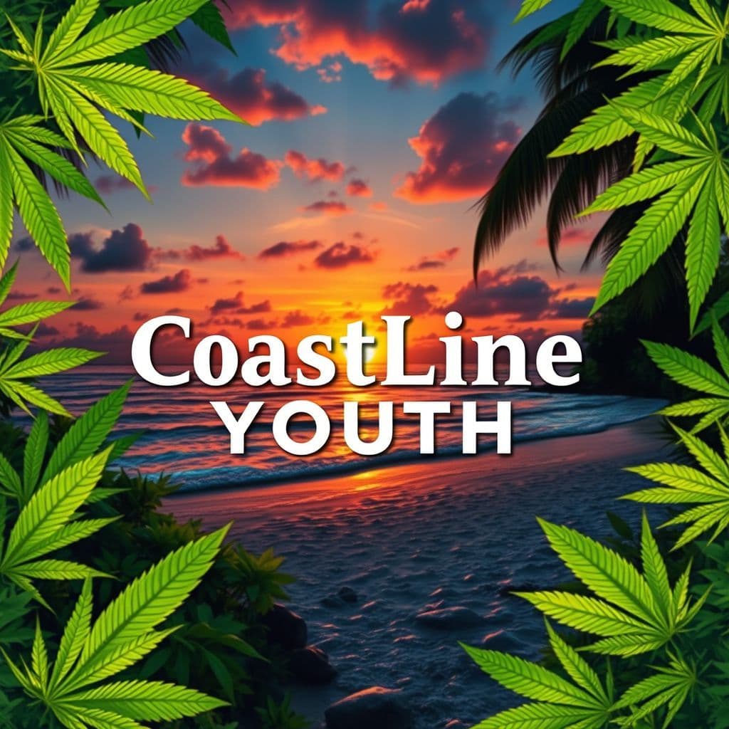 Reggae AI Album Cover — A vibrant reggae music profile picture featuring a serene small beach at sunset, the title "CostLine Youth" beautifully integrated in the center amidst lush marijuana leaves, warm sunset colors blending with the ocean; highly detailed, photorealistic quality, peaceful and tropical atmosphere, lush greens and warm oranges