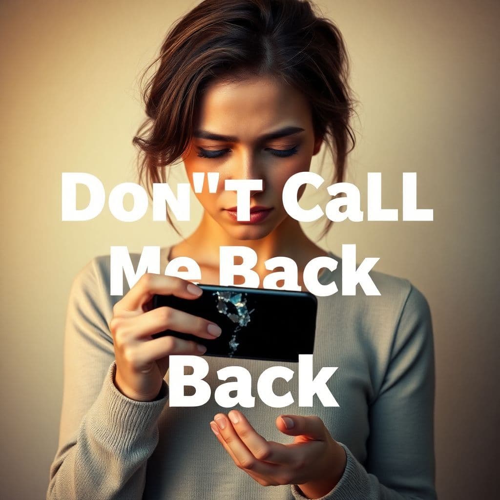 R&B AI Album Cover — A portrait of a heartbroken woman holding a shattered mobile phone with the text "Don't Call Me Back" visibly integrated into the background; minimalist style with soft, warm lighting; muted color palette of pastels, moody atmosphere, highly detailed, 8k resolution