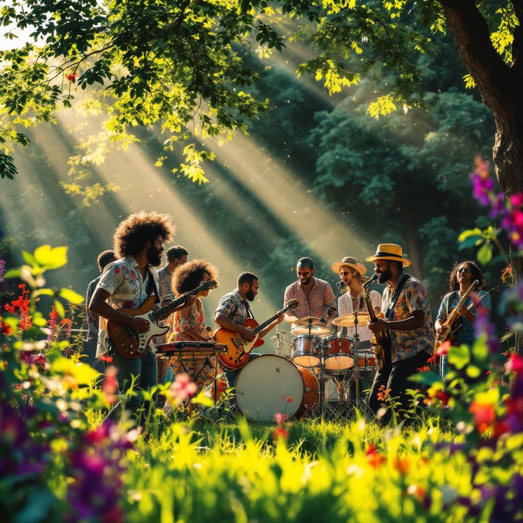 Funk AI Album Cover — A vibrant album cover for a funk song, featuring a lively group of diverse musicians playing joyfully in a sunlit park; psychedelic colors, swirling patterns, and playful typography. The atmosphere is energetic and warm, with sunlight streaming through trees, capturing the essence of celebration. 8k resolution, highly detailed, professional look.