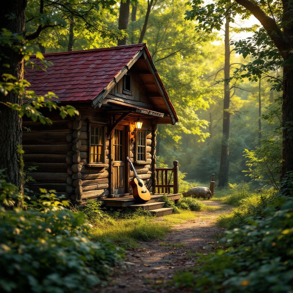 Country AI Album Cover — A rustic wooden cabin in the heart of a sunlit green forest, featuring a five-string guitar resting on the porch; warm golden hour lighting, soft shadows, rich greens and browns, highly detailed, photorealistic, evokes nostalgia and warmth