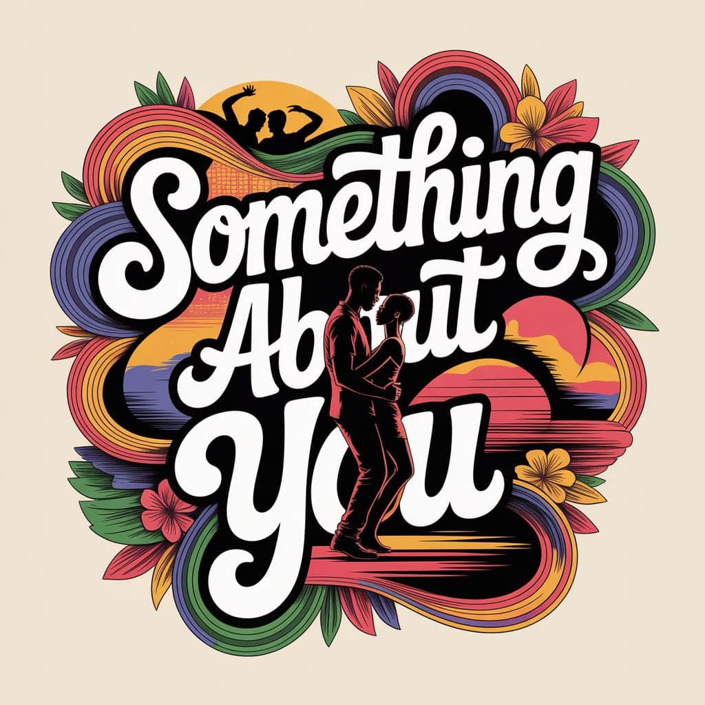 Afrobeat AI Album Cover — A vibrant afrobeat album cover featuring an abstract representation of love; intertwined silhouettes of a couple dancing surrounded by colorful sound waves and floral elements, typography integrated into the swirling patterns with flowing cursive lettering for the title 'Something About You', warm sunset colors, soft glow effect, highly detailed, photorealistic