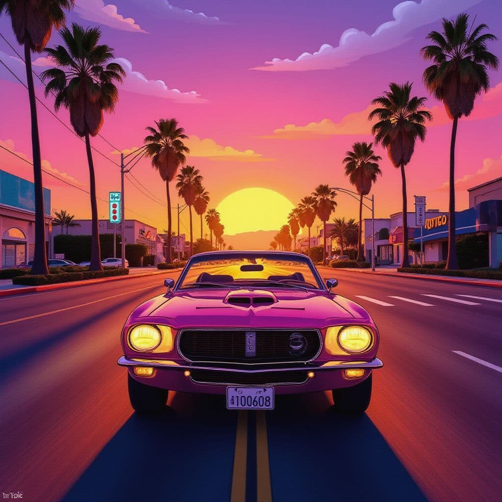 Hip-Hop AI Album Cover — A luxury convertible cruising down a palm tree-lined boulevard during a cinematic Los Angeles summer sunset; golden-orange skies fading into pink and purple, soft neon lights glowing in the distance; high-end visual style with realistic photography blended with hand-drawn elements, warm West Coast aesthetic, vibrant color palette of gold, orange, and deep blue twilight, highly detailed, photorealistic, and modern hip-hop vibe