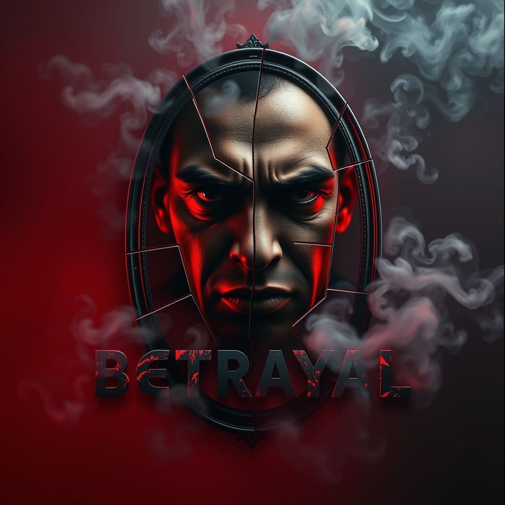 Hip-Hop AI Album Cover — An abstract hip-hop album cover for 'Familiar Betrayal', showcasing a fragmented mirror reflecting a tense face, symbolizing conflict and betrayal; rich reds and blacks dominate the color palette, smoke swirling around the title integrated into the design, surreal lighting effects creating a dramatic feel, highly detailed, photorealistic, 8k quality