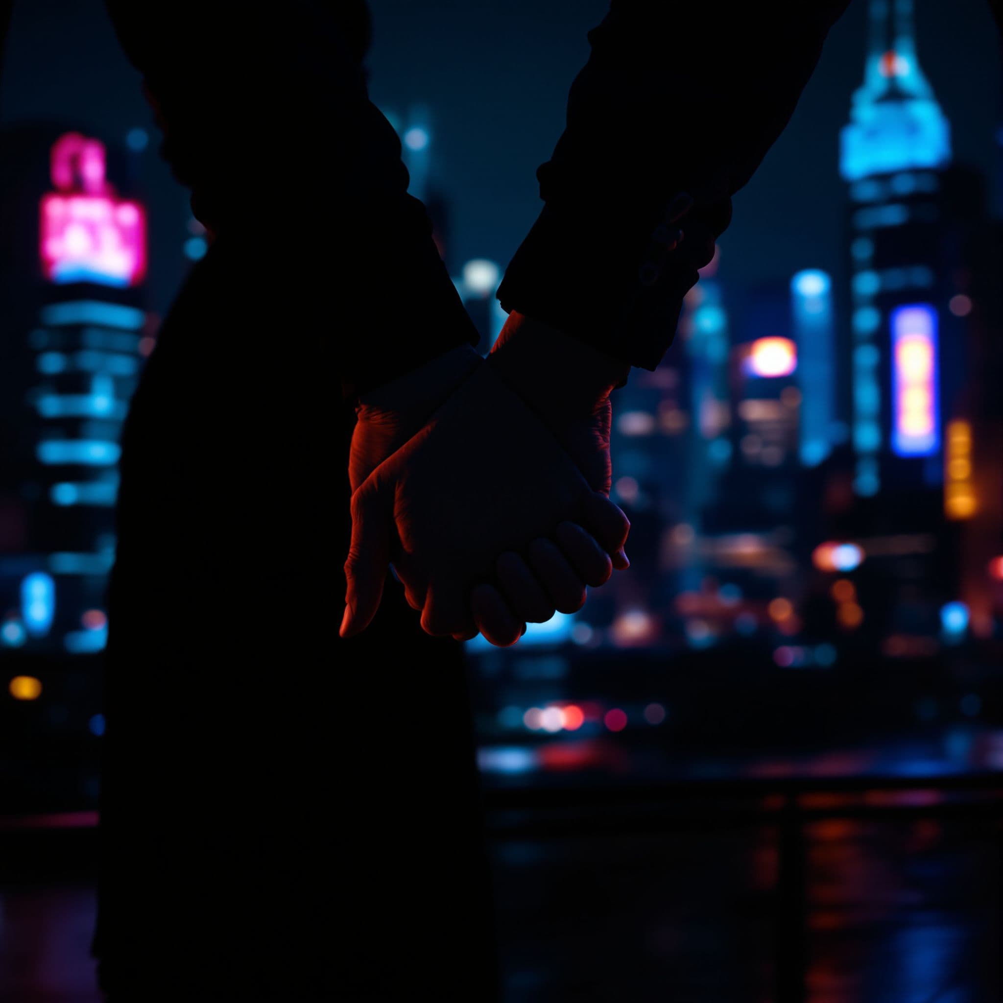 Rap AI Album Cover — A moody urban scene featuring a close-up of a couple holding hands, backlit by a neon city skyline; dramatic shadow play with warm tones contrasting cool blues, highly detailed and photorealistic, depth of field emphasizing intimacy, 8k resolution, vivid yet emotional atmosphere