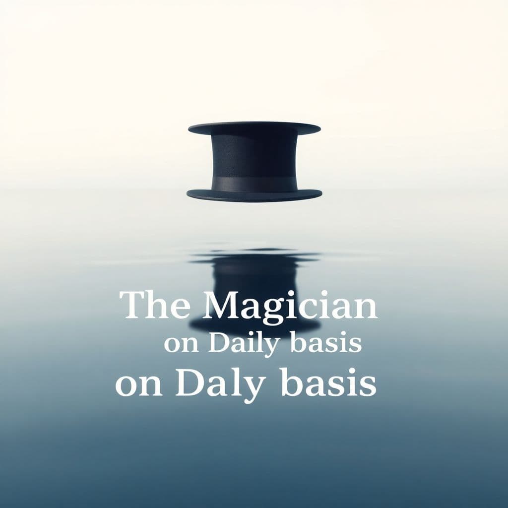Chillout AI Album Cover — A minimalist album cover with a tranquil scene of a floating magician's hat above a calm lake, reflecting the title "The Magician on Daily Basis" in crisp, clean font; soft pastel colors with a focus on light blues and whites, creating a peaceful, chillout vibe, photorealistic, 8k resolution
