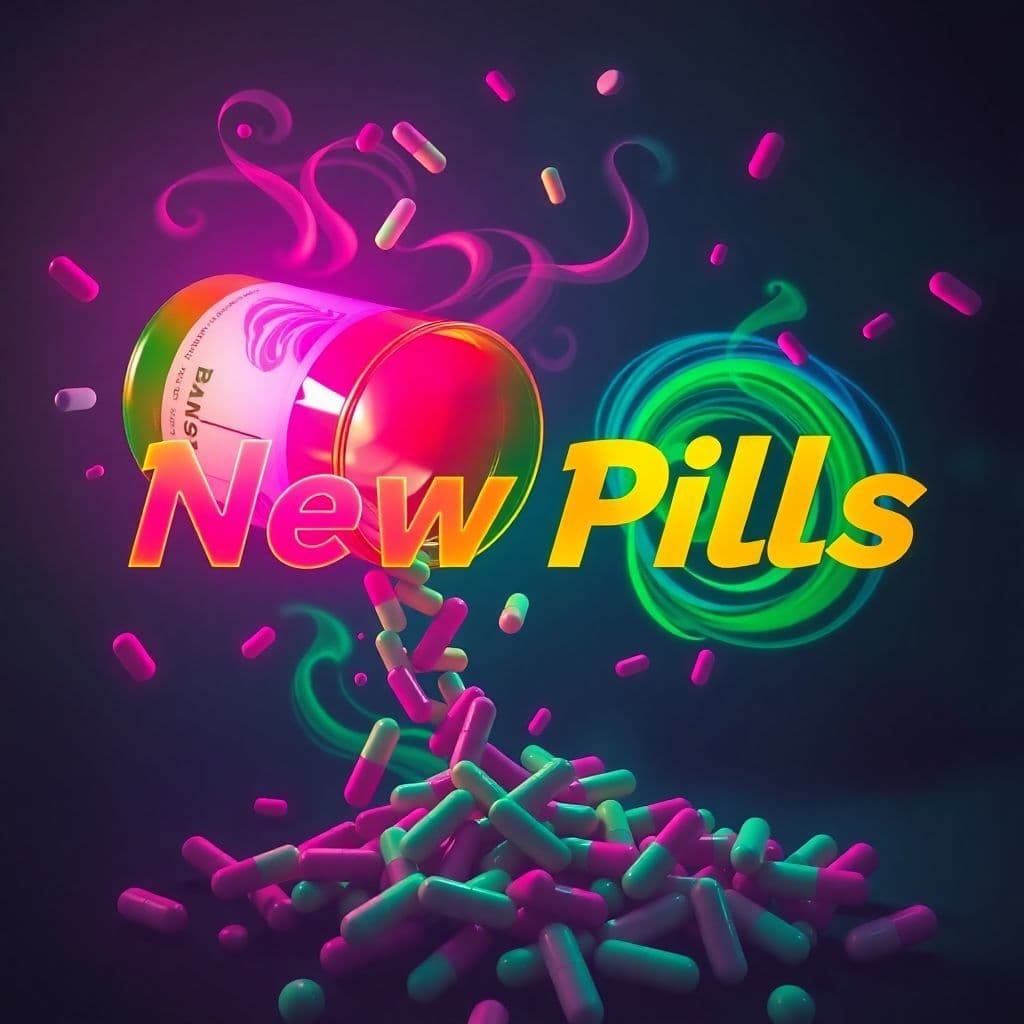 Hip-Hop AI Album Cover — A surreal hip-hop album cover featuring a giant pill bottle pouring colorful, swirling patterns of pills in mid-air, with the title "New Pills" integrated into the vibrant design; psychedelic colors like neon pink, green, and blue, moody atmosphere with soft lighting; high detail and 8k resolution, reflecting emotional liberation and chaotic energy