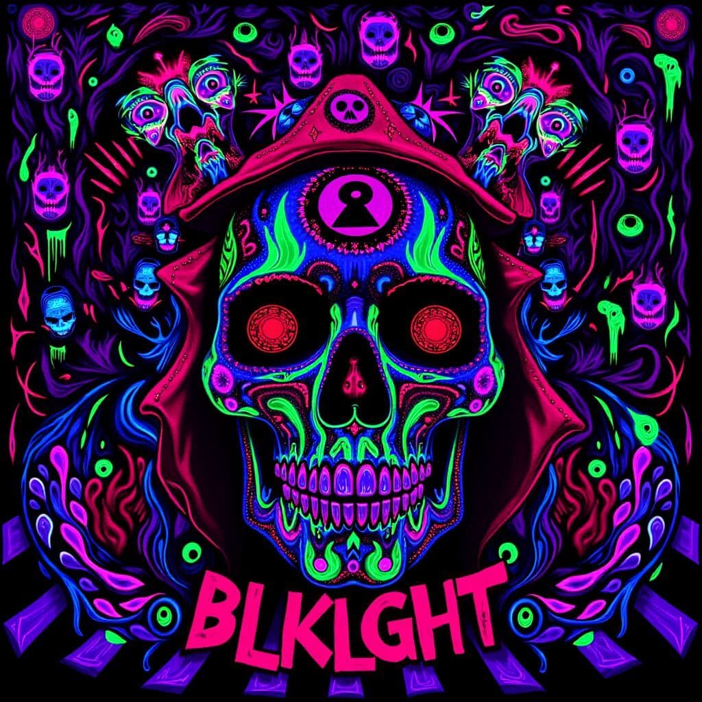 Rock AI Album Cover — A surreal black light album cover featuring a skull with glowing, rotten teeth surrounded by colorful swirling gas masks and masquerade masks; vibrant neon colors, psychedelic patterns, moody atmosphere, 8k resolution, highly detailed, dynamic lighting that enhances the eerie theme of the rock genre.