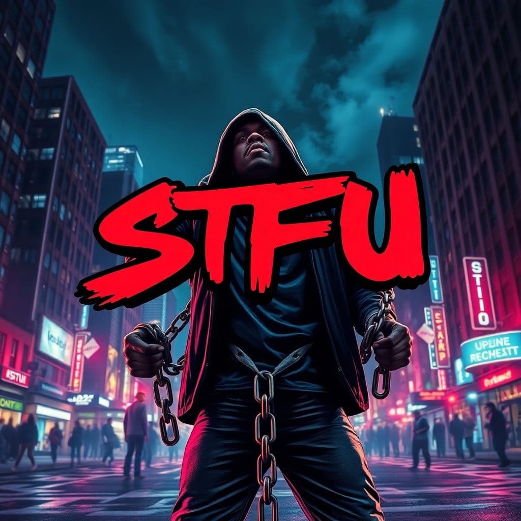 Hip-Hop AI Album Cover — A vibrant hip-hop album cover with the title "STFU" in bold, graffiti-style lettering, featuring a rebellious figure breaking free from chains in a cityscape at night; neon lights illuminating the scene, edgy atmosphere, highly detailed, 8k resolution, dynamic composition, energetic colors; urban graffiti art style