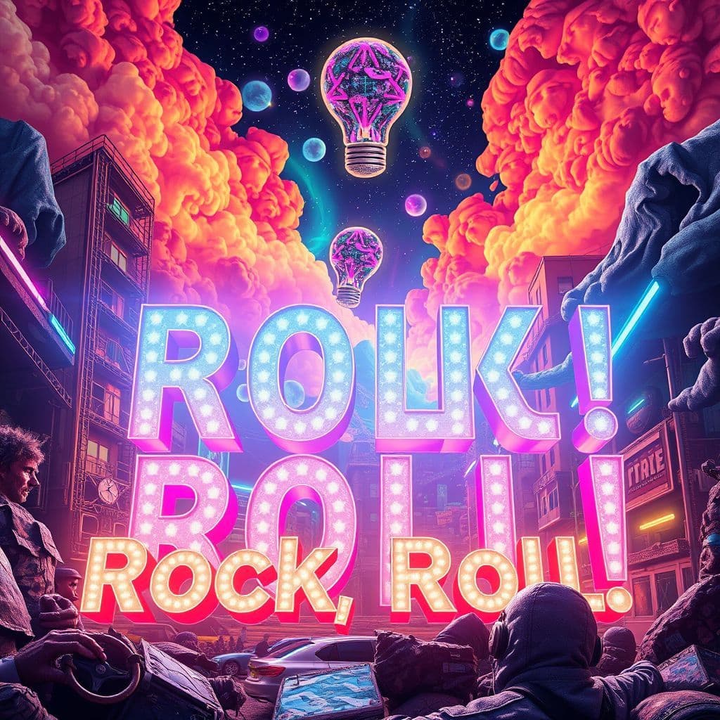 Trap AI Album Cover — A surreal album cover showcasing the title "Rock, Roll!" prominently displayed with a mix of urban landscape and psychedelic elements, bright colors blending harmoniously, ethereal lighting creating a dreamlike atmosphere, highly detailed, 8k resolution, capturing the essence of trap music energy.