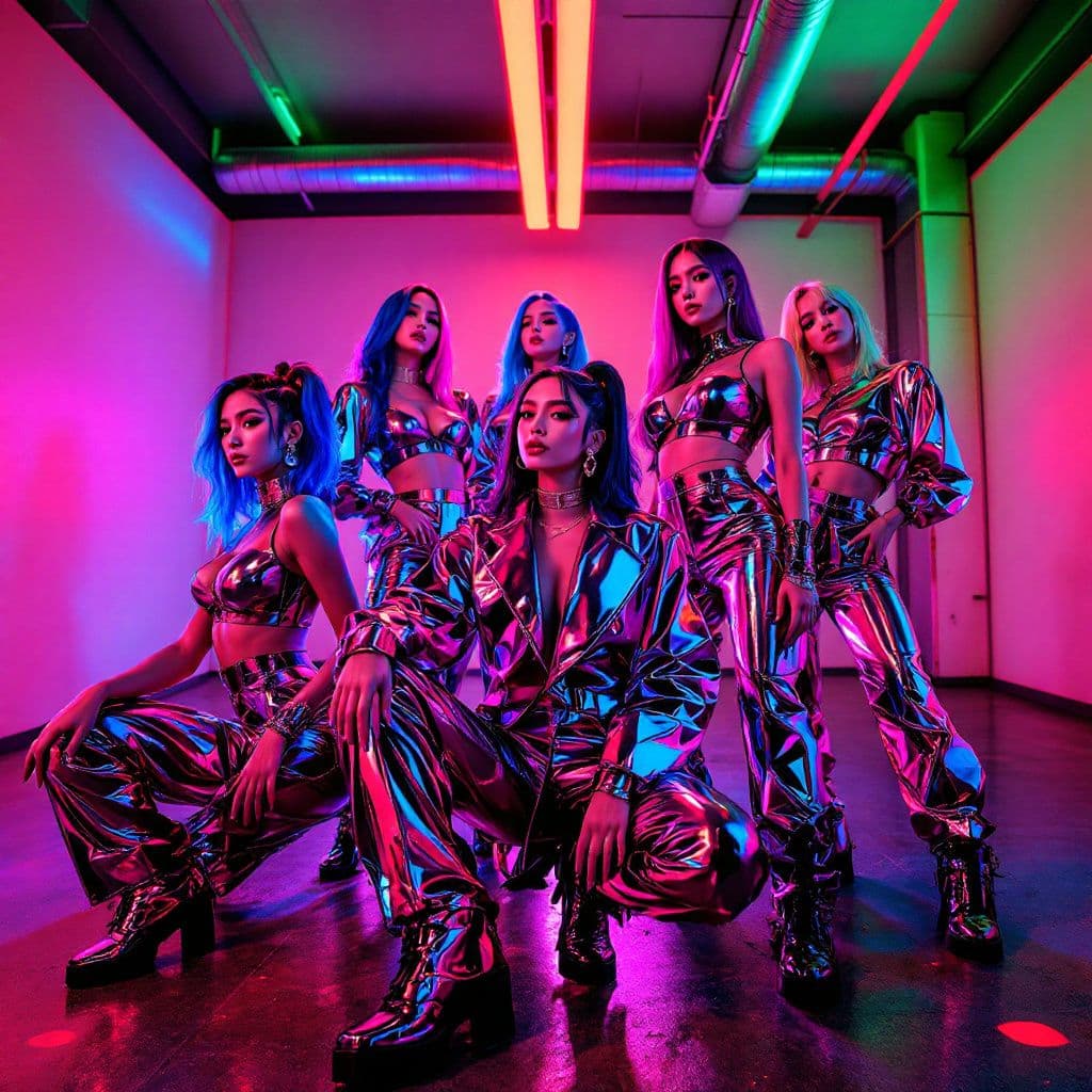 Dance AI Album Cover — A professional K-pop girl group album cover featuring six stylish Asian members in modern, Y2K-inspired metallic fashion; charismatic poses in a sleek industrial studio. Glossy idol makeup, vibrant dyed hair, cinematic club lighting with bold neon accents; minimalistic background, high-resolution, photorealistic quality, sharp focus, dynamic and energetic atmosphere, vibrant color palette.