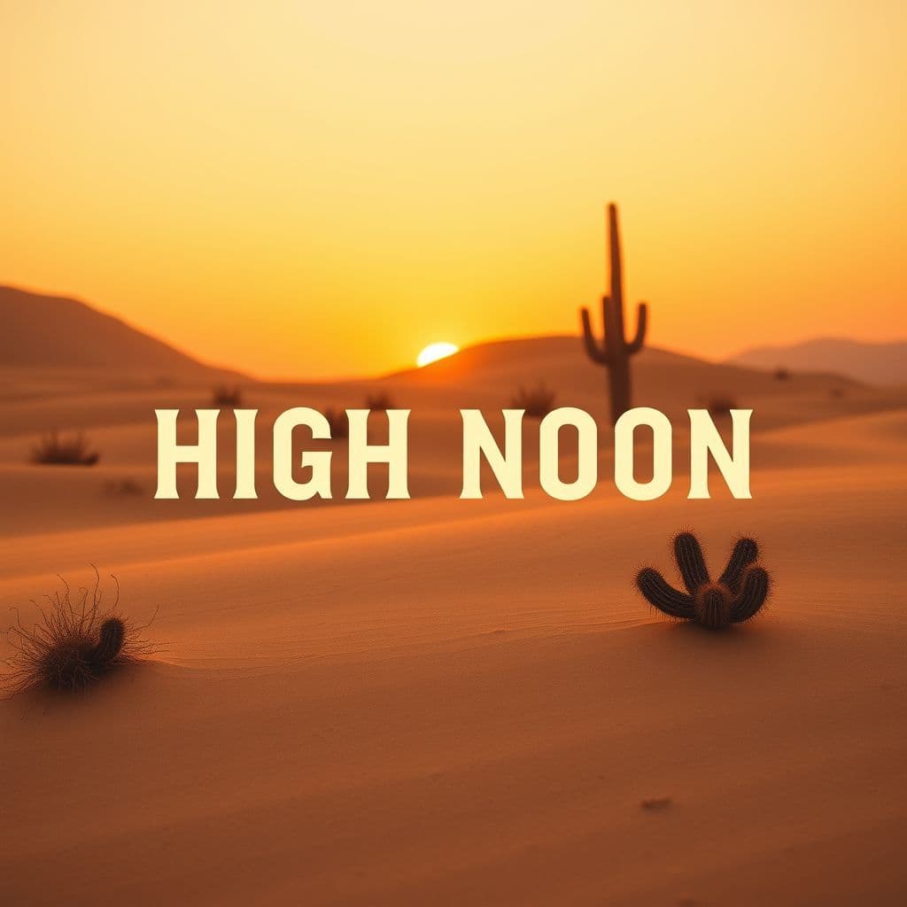 K-Pop AI Album Cover — A minimalist K-pop album cover featuring the title "High Noon" in bold, clear typography centered on the design; surrounded by subtle western motifs like cacti and desert sands, warm sunset colors of orange and gold, ethereal lighting creating a dreamy atmosphere, highly detailed and 8k resolution, evokes feelings of adventure and freedom