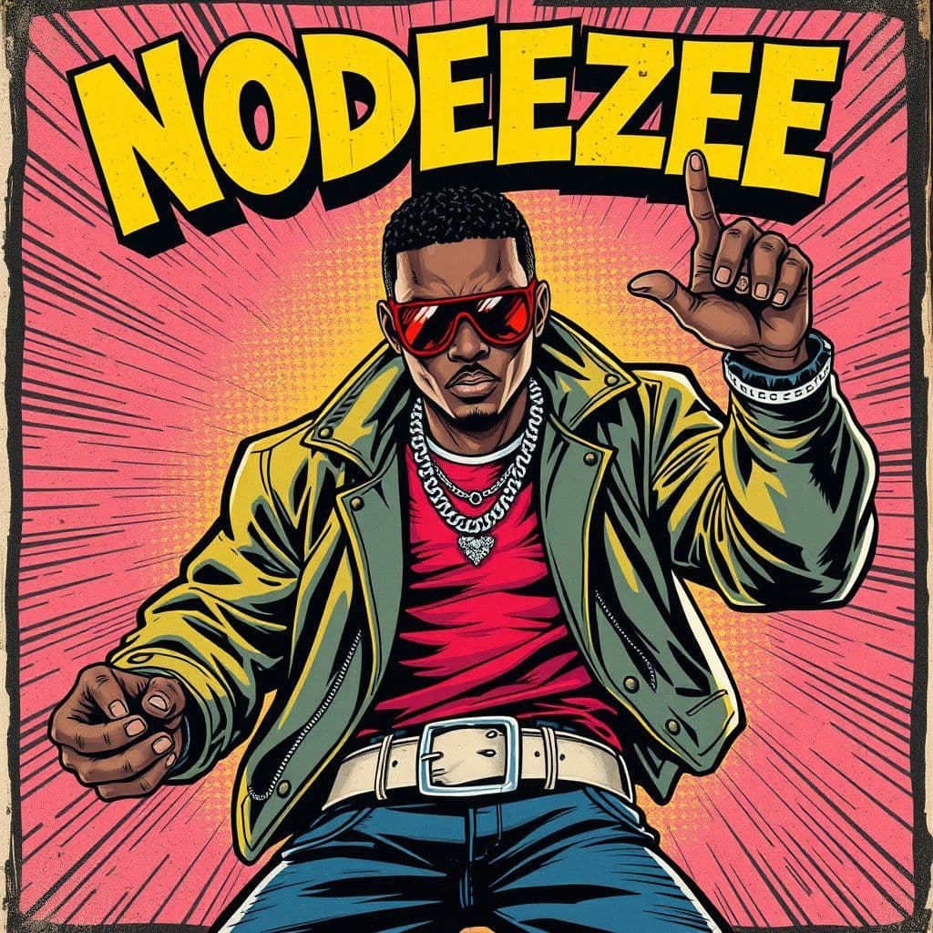 Hip-Hop AI Album Cover — A vibrant 1960s comic book cover art style featuring a cool hip-hop artist 'NODEEZEE' in a heroic pose, wearing stylish streetwear with a superhero twist; bold comic book logo for the title at the top, retro textures, aged yellowing edges, high contrast Ben-Day dot shading, action-packed composition, 3000x3000, highly detailed, dramatic lighting and nostalgic atmosphere.