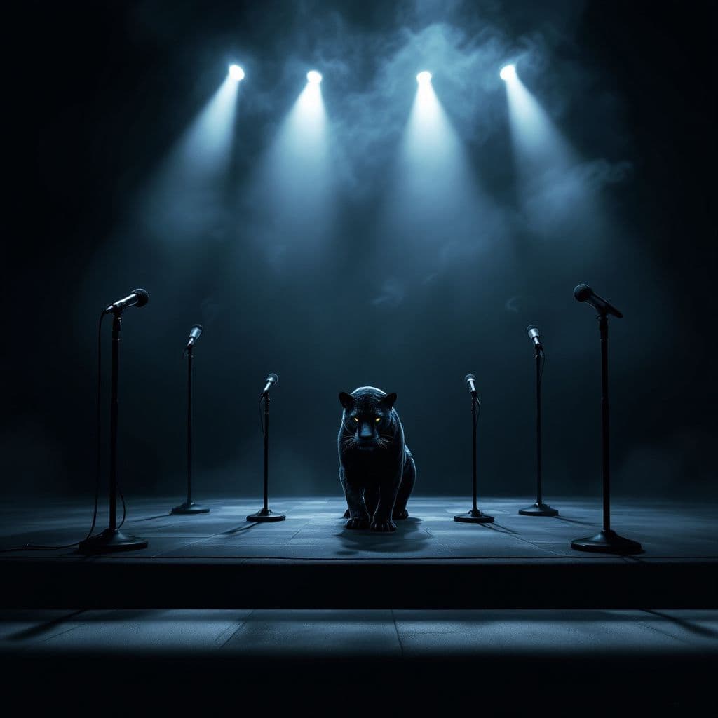 Hip-Hop AI Album Cover — A cinematic hip-hop cover art with a stark empty stage and seven meticulously arranged microphones including a unique matte black one with rising smoke, a majestic black jaguar in a powerful pose, illuminated by dramatic lights casting long shadows, dark and brooding color palette, hyper-detailed, 8K resolution.