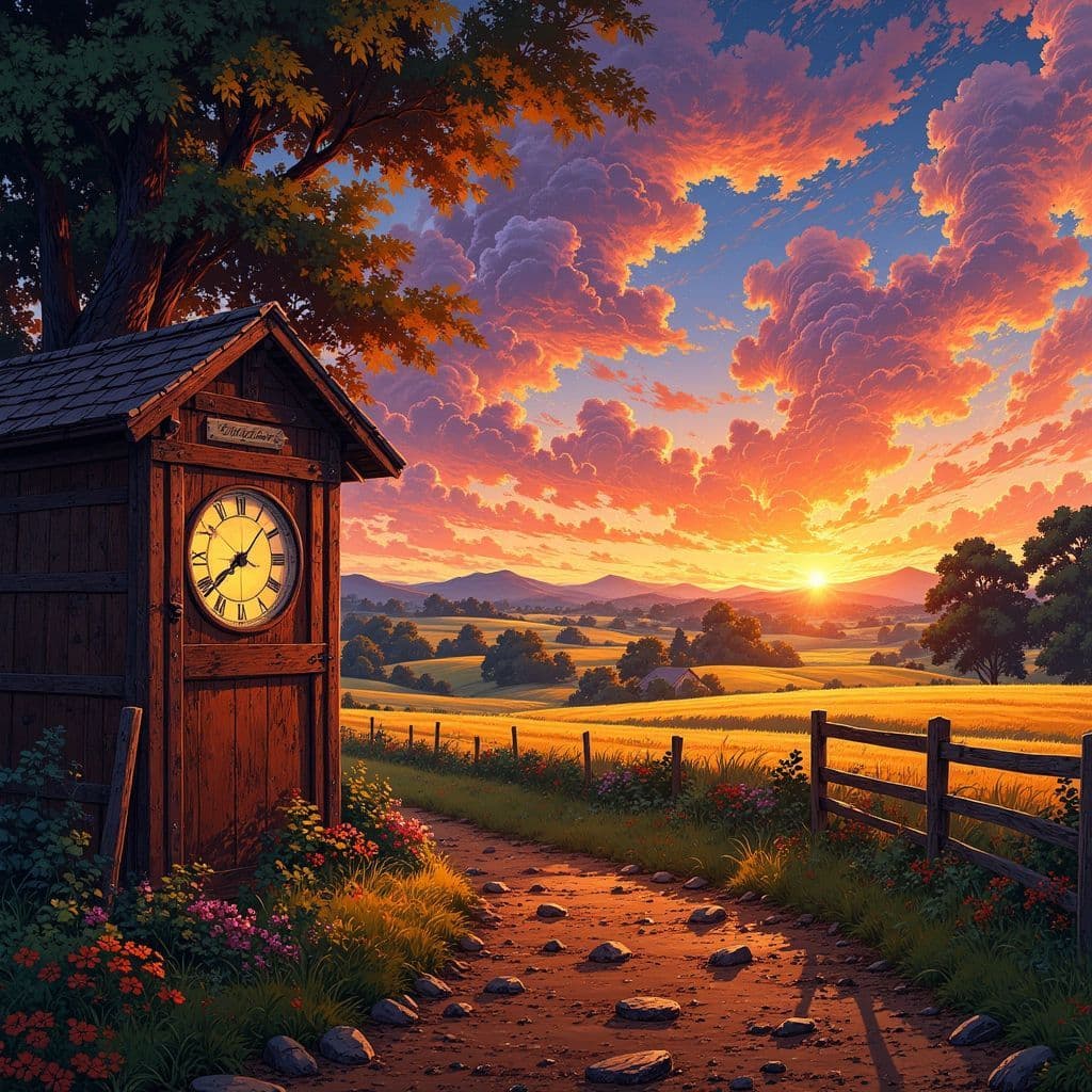 Country AI Album Cover — A serene country landscape at dusk featuring a rustic wooden clock in the foreground, softly illuminated by golden light; lush fields and a winding dirt road leading into the horizon, warm tones of orange and purple in the sky, highly detailed illustration, evokes nostalgia and longing, 8k resolution