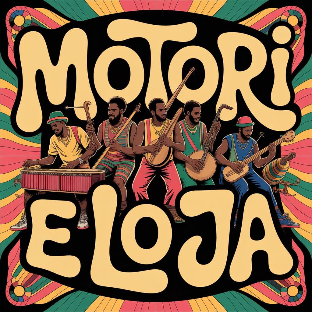 Afrobeat AI Album Cover — A vibrant afrobeat album cover featuring a dynamic group of musicians playing traditional instruments, surrounded by colorful patterns and abstract shapes; the title 'Motori E lo ja' intricately integrated into the design using bold, flowing typography in warm colors, high contrast, rich textures, and surreal lighting that evokes an energetic atmosphere, highly detailed, 8k resolution