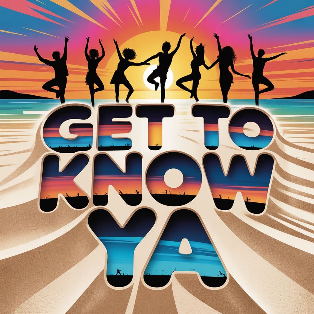 Afrobeat AI Album Cover — An Afrobeat album cover titled 'Get To Know Ya', featuring a vibrant, colorful sunset over a lively beach scene, with silhouettes of dancers in rhythmic poses; the title is integrated into the sand with a playful, bold typography, using warm oranges and cool blues, highly detailed, photorealistic, 8k resolution, joyful and inviting atmosphere