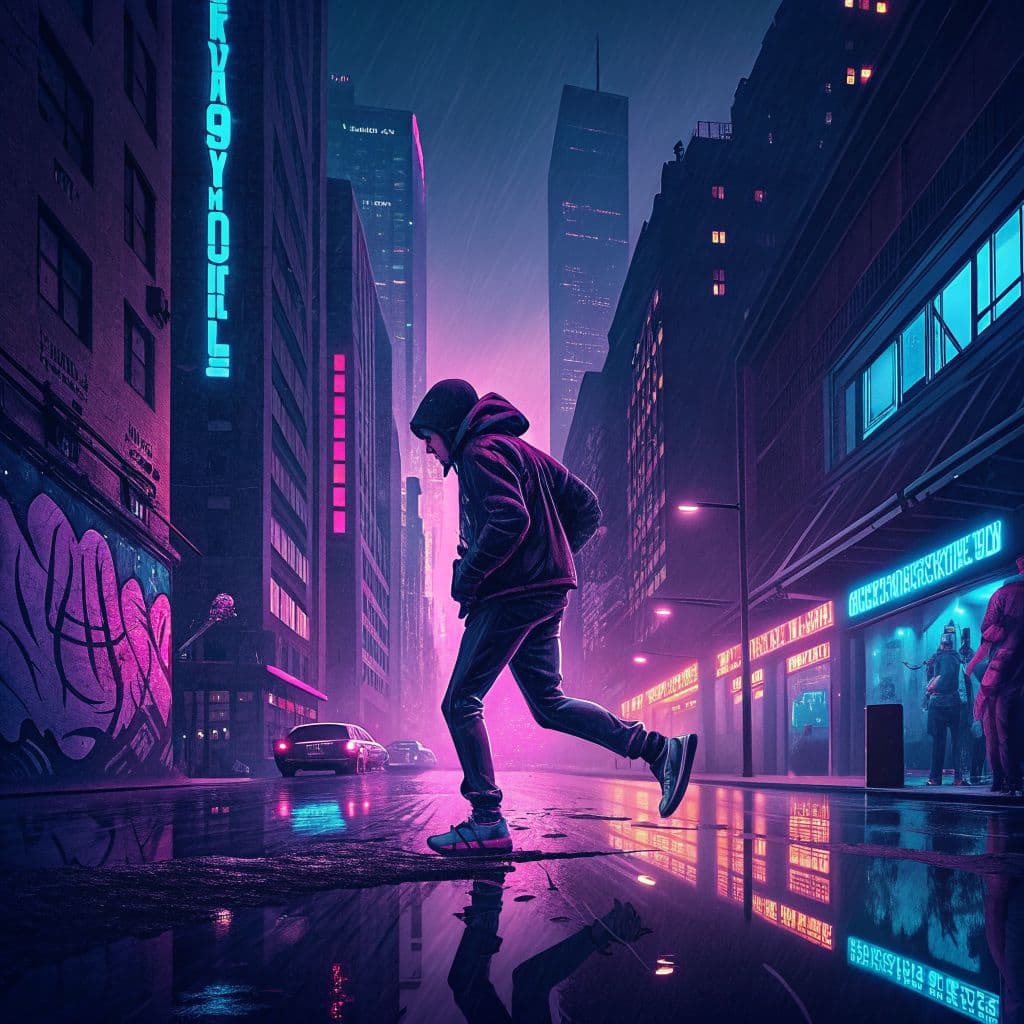 Hip-Hop AI Album Cover — A stylized hip-hop album cover featuring a figure running in a cityscape at night, with neon lights reflecting on wet pavement; vibrant color palette of purple, blue, and pink, with urban graffiti elements; dynamic pose, dramatic lighting, highly detailed vector art, surreal atmosphere, 8k quality.