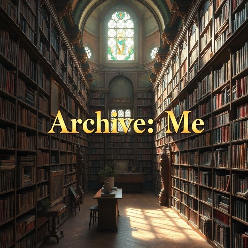 K-Pop AI Album Cover — A magical vintage library filled with towering bookshelves, sunlight streaming through stained glass windows, whimsical decor and soft pastel colors; the title "Archive: Me" elegantly integrated in an ornate gold font, ethereal and dreamy atmosphere, highly detailed and 8k resolution.