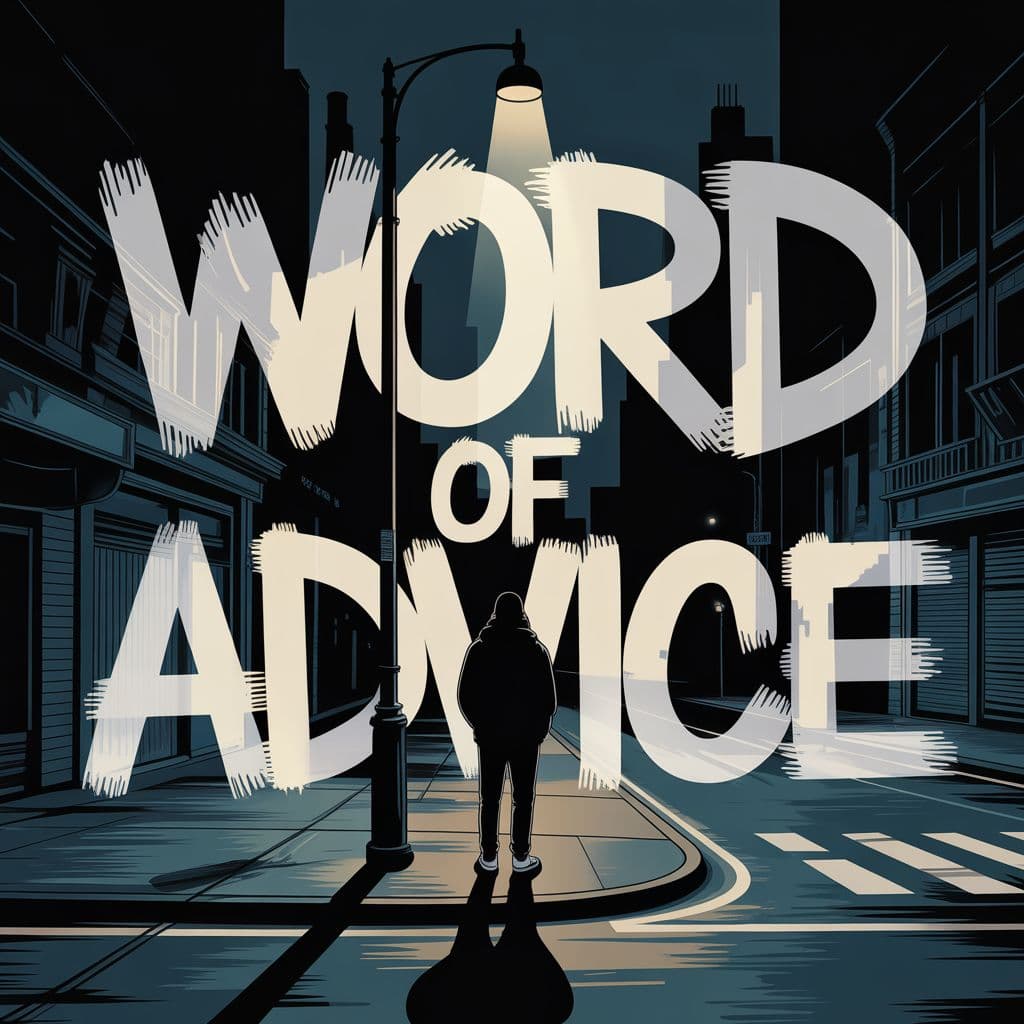 Hip-Hop AI Album Cover — A reflective hip-hop album cover titled 'Word of Advice', featuring a silhouette of a thoughtful figure standing on a street corner under dim streetlight; Graffiti art style with abstract letters woven into the cityscape; muted color palette with deep blues and grays, shadowy atmosphere, highly detailed, emotional mood